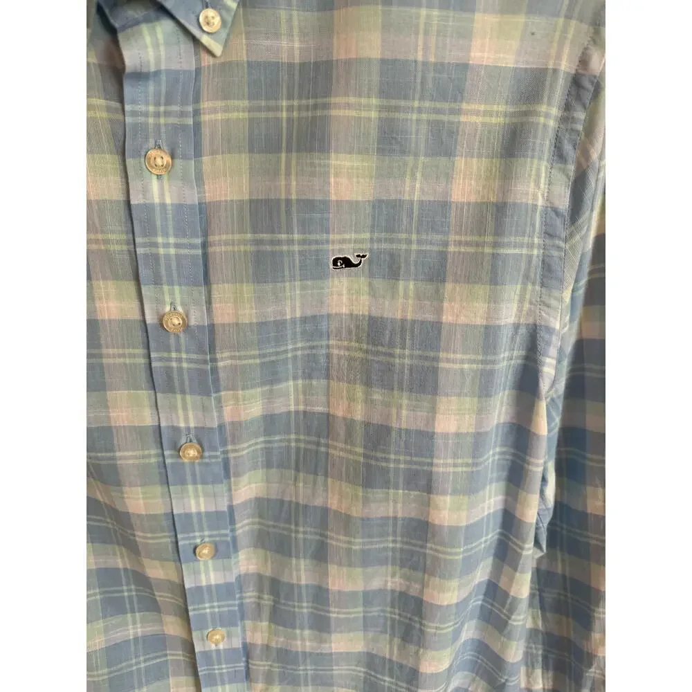 Vineyard Vines linen whale shirt button up plaid boys size XL/16 EUC